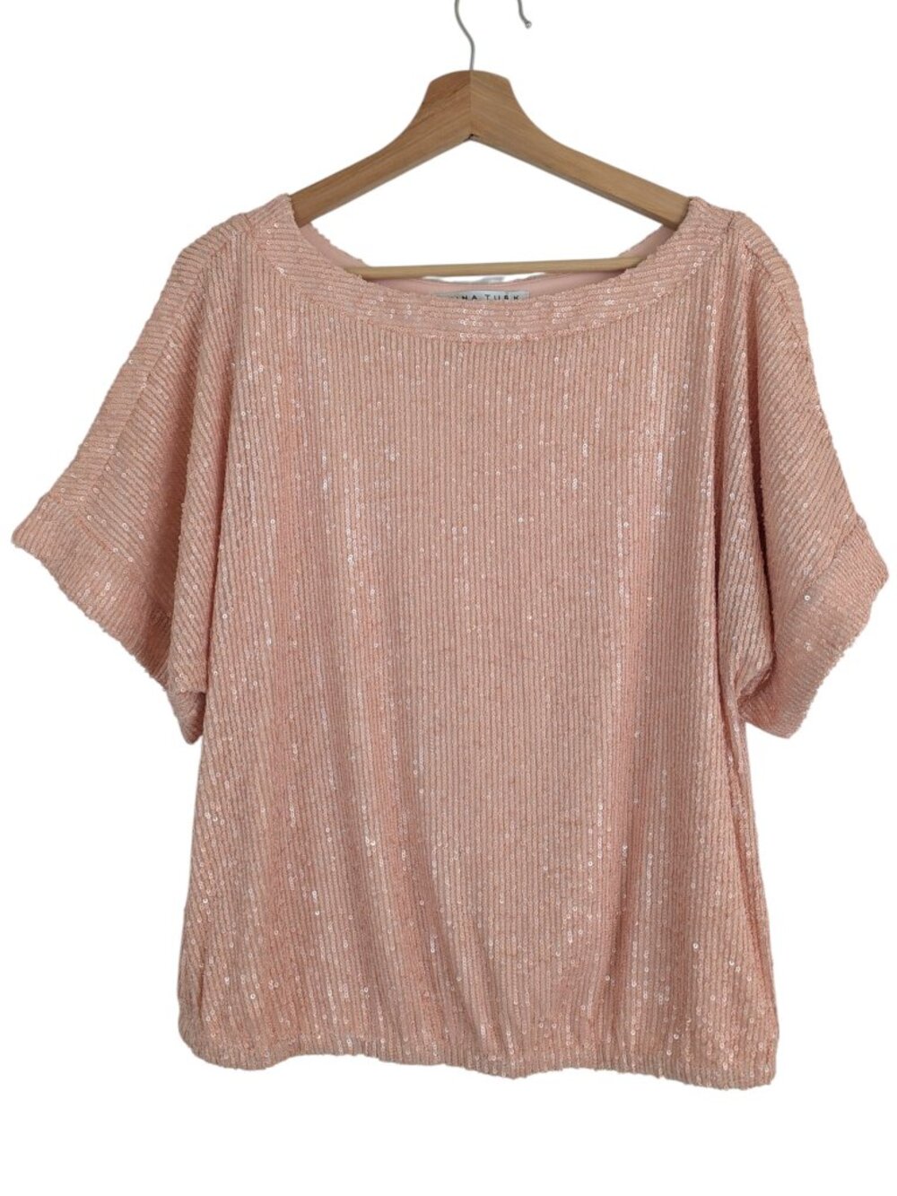 NWT Trina Turk Sequin Top Blush Pink Boat Neck Short Sleeve Sprite 2 Size M
